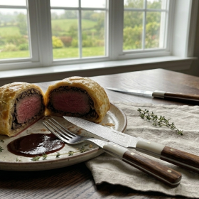 Beef Wellington in plakjes gesneden met een Chef & Knife tafelmes naast het gerecht.