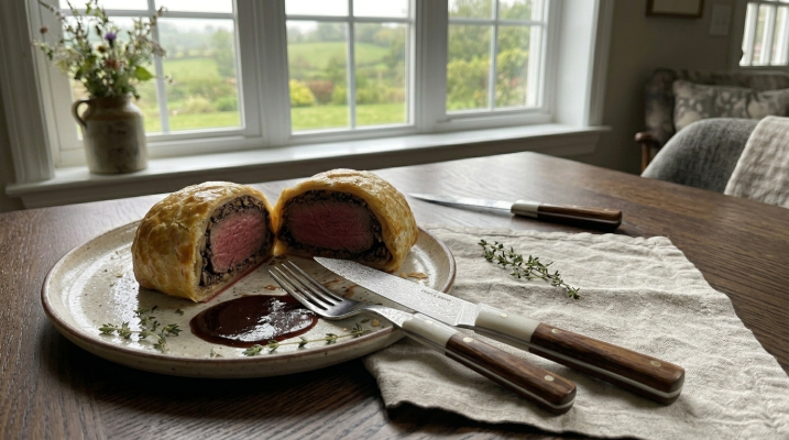 Beef Wellington in plakjes gesneden met een Chef & Knife tafelmes naast het gerecht.