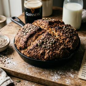 Iers sodabrood met Guinness bier, goudbruin gebakken met een rustieke kruim en knapperige korst.