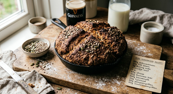 Iers sodabrood met Guinness bier, goudbruin gebakken met een rustieke kruim en knapperige korst.
