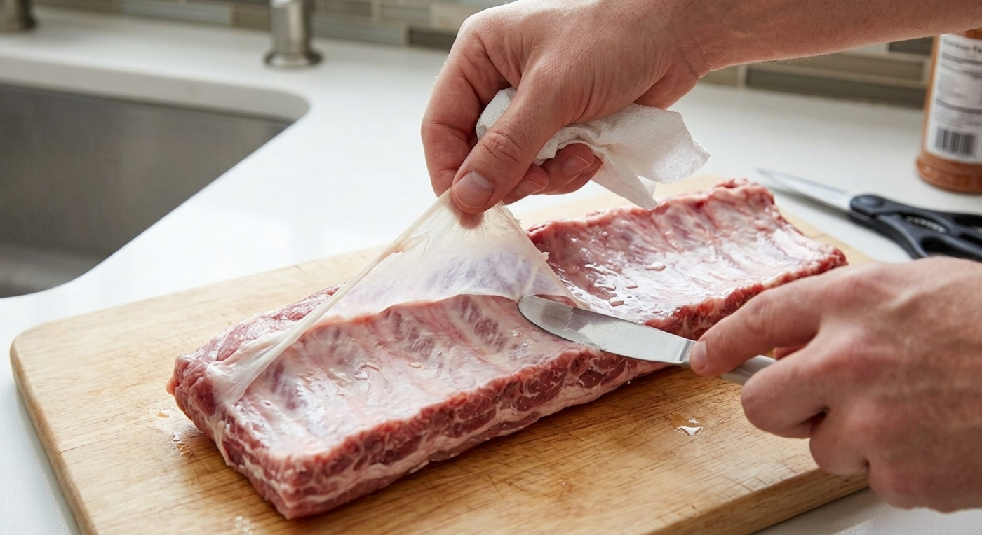 Membraan verwijderen van ribben voor barbecue