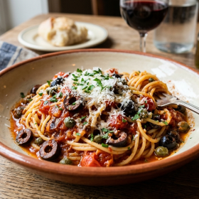 Penne puttanesca met tomatensaus, olijven, kappertjes en een pittige toets van sriracha