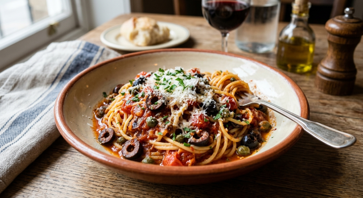Penne puttanesca met tomatensaus, olijven, kappertjes en een pittige toets van sriracha