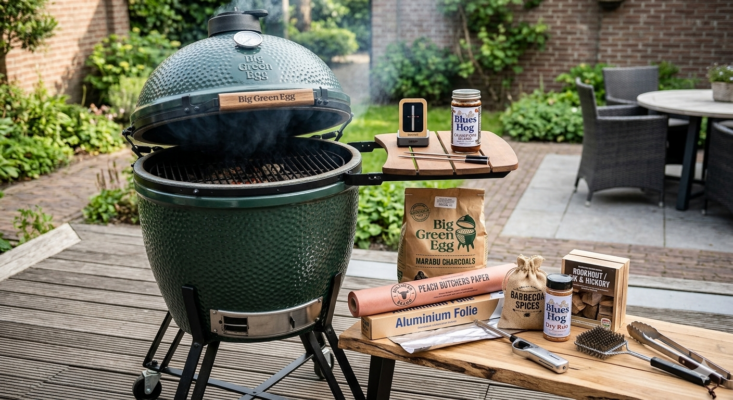 Big green egg in de tuin met zijn accessoires
