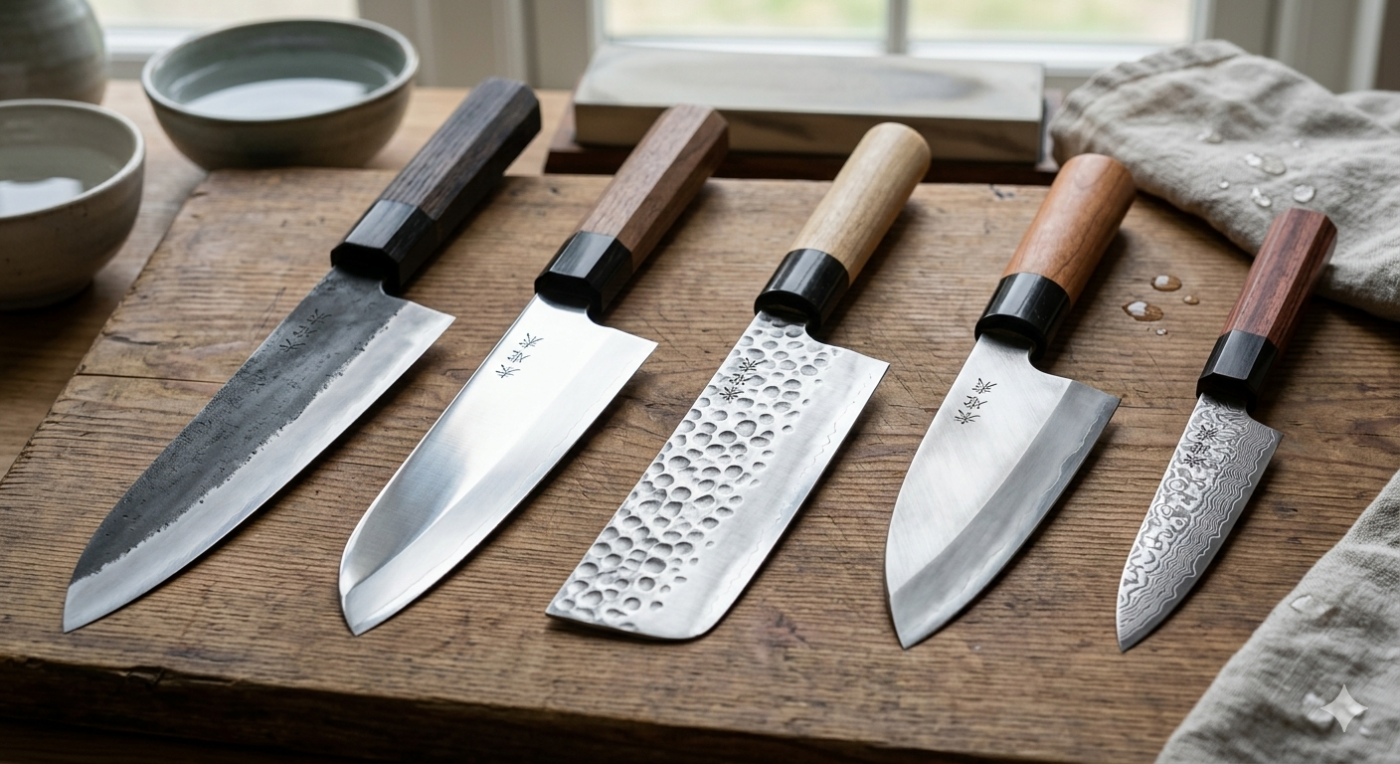 Japanse keukenmessen met verschillende afwerkingen zoals migaki, damascus, kasumi, tsuchime en kurouchi