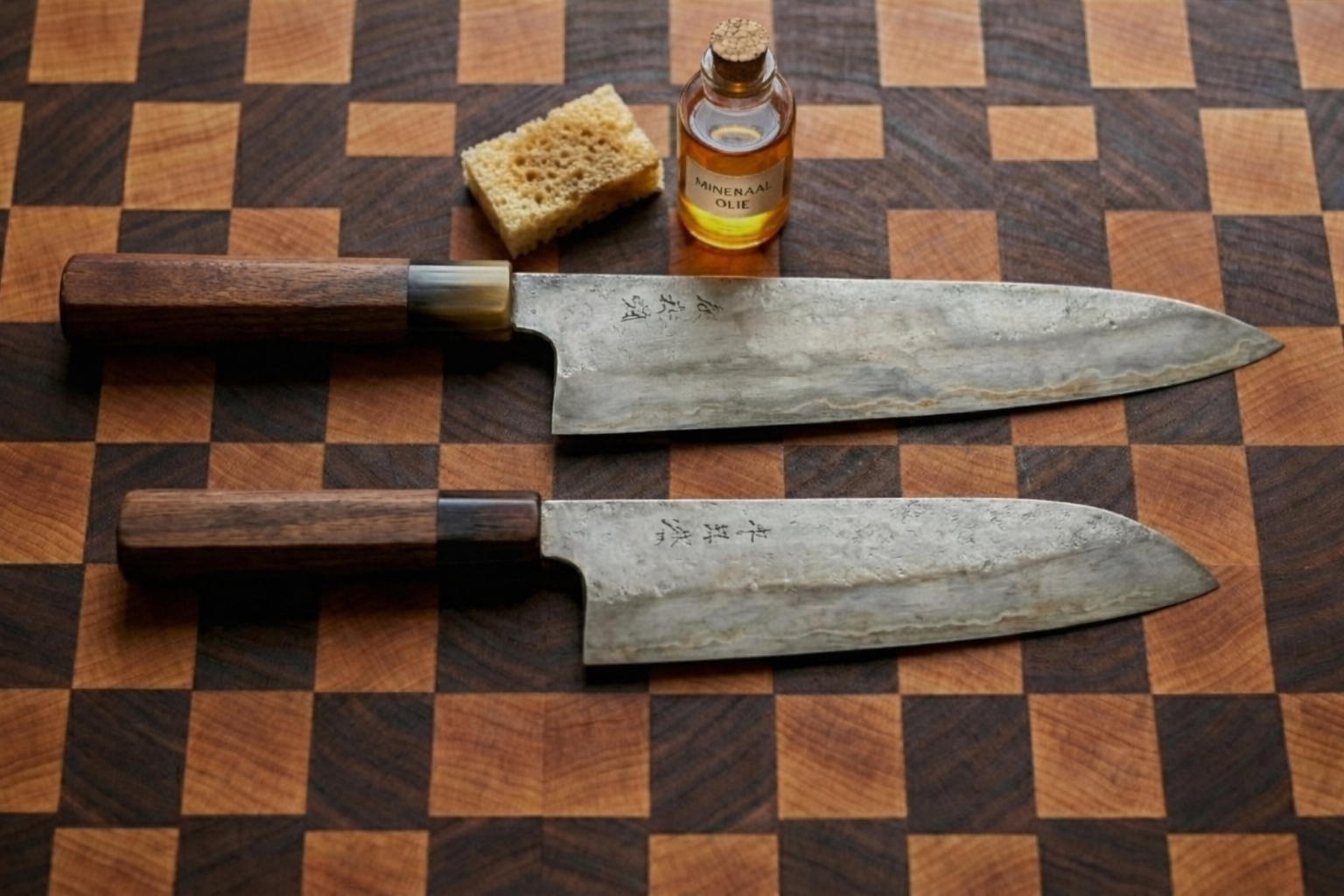 Twee Japanse koks­messen op een houten snijplank met een flesje olie en een spons erboven.