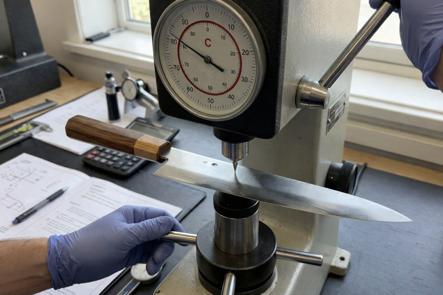 Chefmes wordt getest op hardheid met Rockwell tester