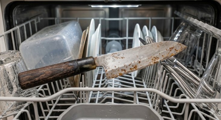 Japans mes in de vaatwasser met roestplekken