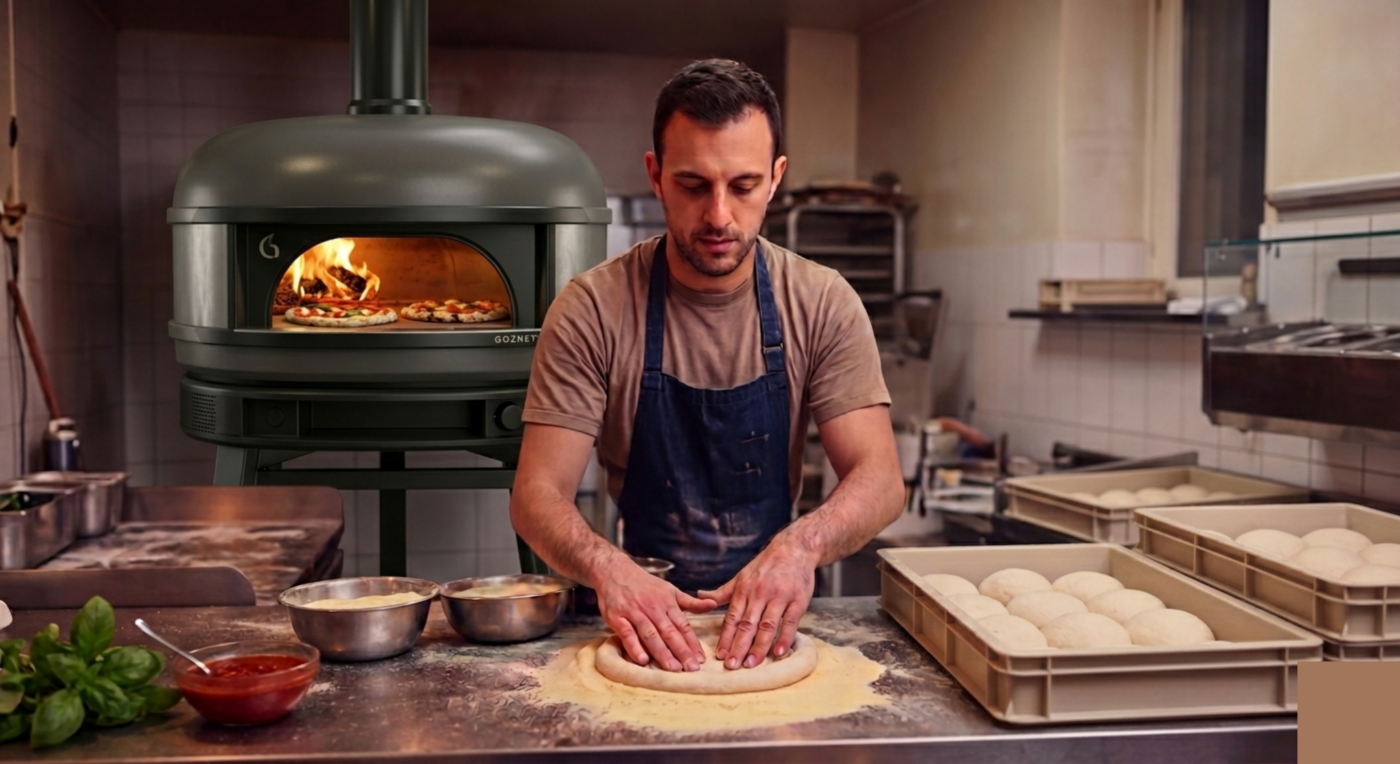 Napolitaans pizzadeeg vormen met de hand in professionele pizzaoven keuken