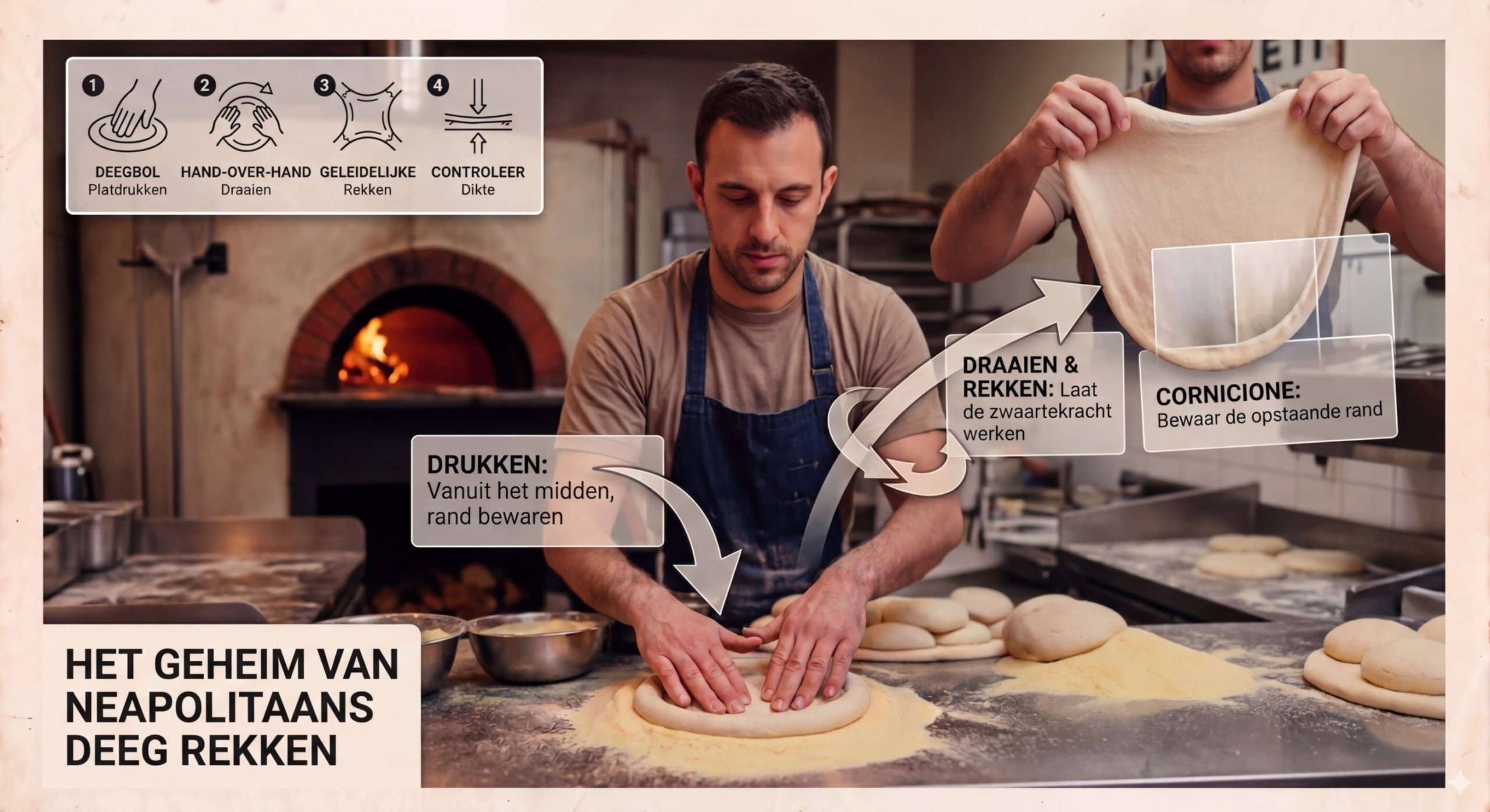 Napolitaans pizzadeeg vormen met stuurwiel techniek voor luchtige cornicione