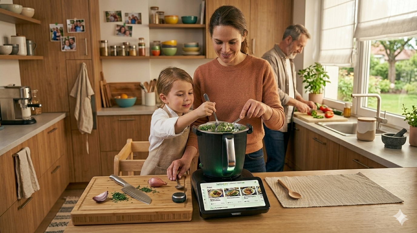 Moeder en dochter koken samen met Thermomix TM7 in de keuken
