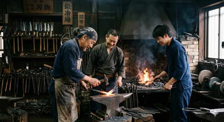 Japanse ambachtlieden werken aan handgemaakte keukenmessen in een traditioneel atelier
