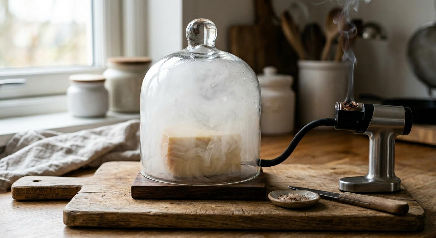 Kaas wordt koud gerookt onder een glazen stolp met een smoke generator