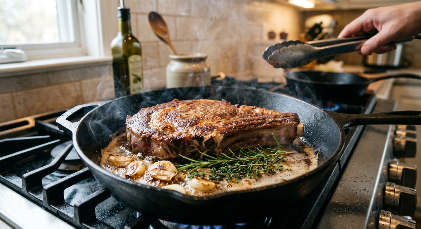 Gebakken steak in gietijzer pan op het fornuis van Chef & Knife met boter, rozemarijn en look