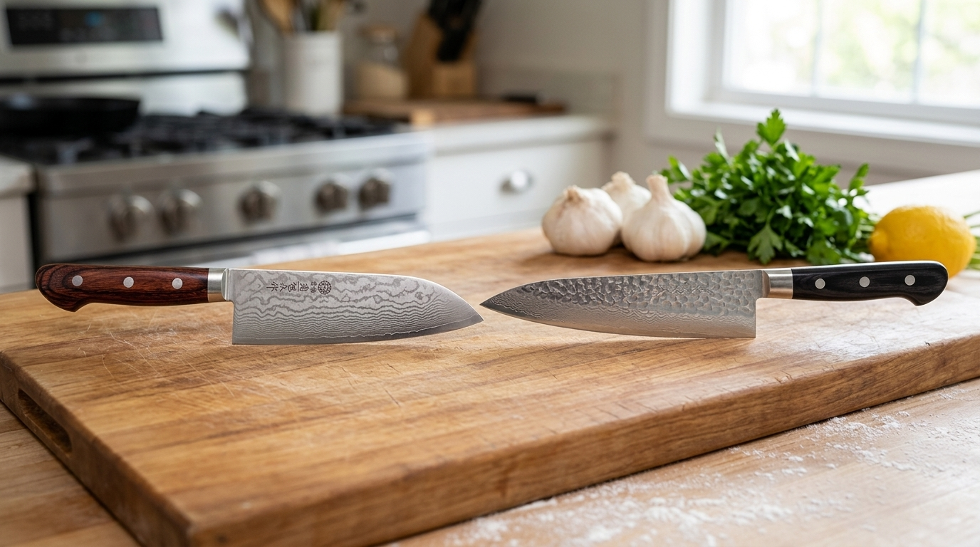 Santoku vs Gyuto naast elkaar getoond op een snijplank voor educatieve doeleinden