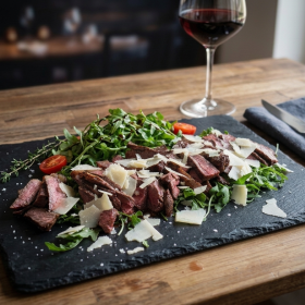 Tagliata gebakken in een gietijzeren pan in de pizzaoven, geserveerd in dunne plakjes.