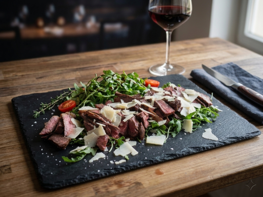 Tagliata gebakken in een gietijzeren pan in de pizzaoven, geserveerd in dunne plakjes.