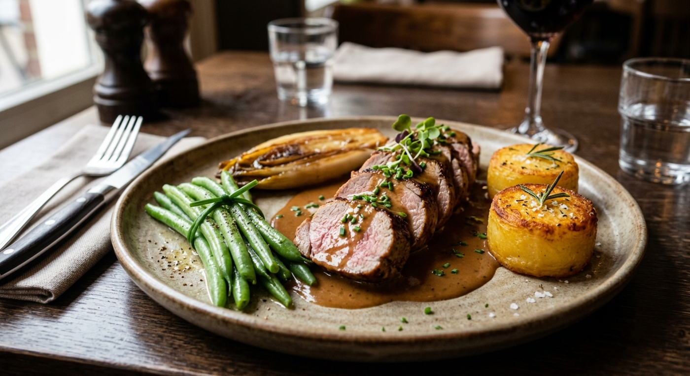 Varkenshaasje met foie-grassaus en seizoensgroenten