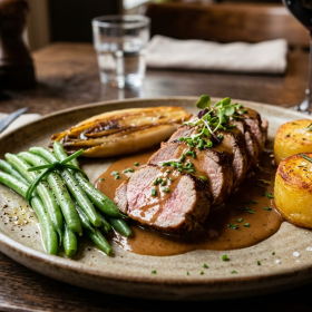 Varkenshaasje met foie-grassaus en seizoensgroenten