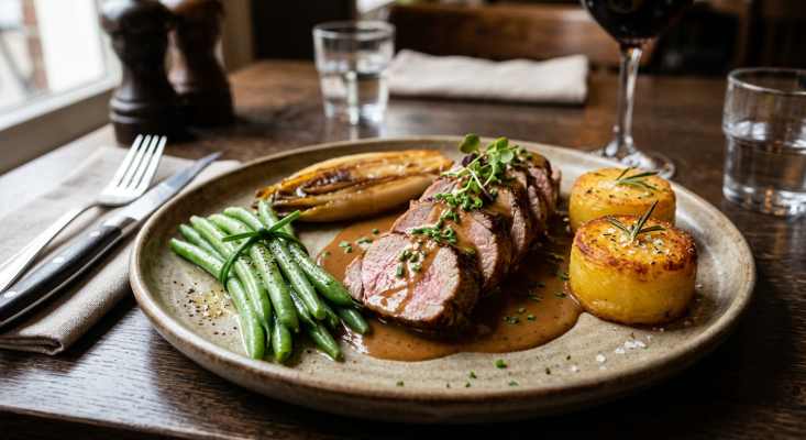 Varkenshaasje met foie-grassaus en seizoensgroenten