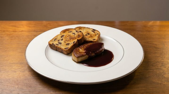 Gebakken foie gras op geroosterd rozijnenbrood met portosaus