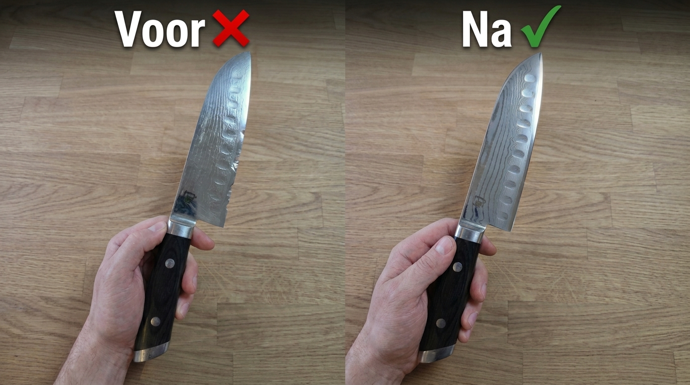 Uitdunnen van een Japans keukenmes om de snijgeometrie achter de snede te herstellen